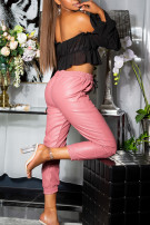 Trendy hoge taille lederlook broek roze